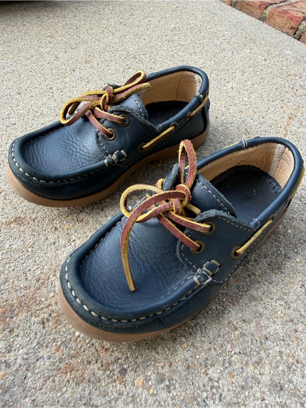 Kids Navy Leather Boat Shoes with Brown Laces